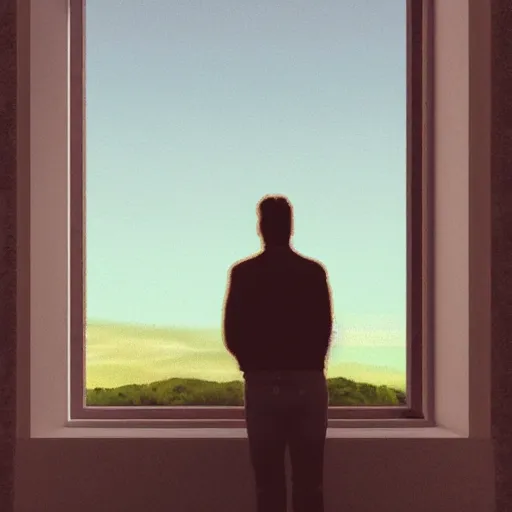 Image similar to man gazing out of window at dusk, hyperreal