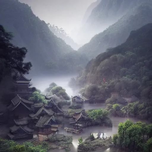 Prompt: ancient chinese village, villagers, landscapes river mountains, canola dawn fog forests, trending on artstation pinterest, arnold vray octane, 8 k, acipenser dabryanus