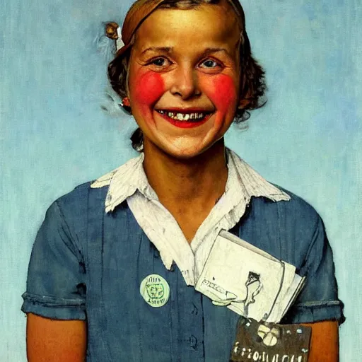 Prompt: a portrait of svika pick smiling while doing a peace sign, by norman rockwell