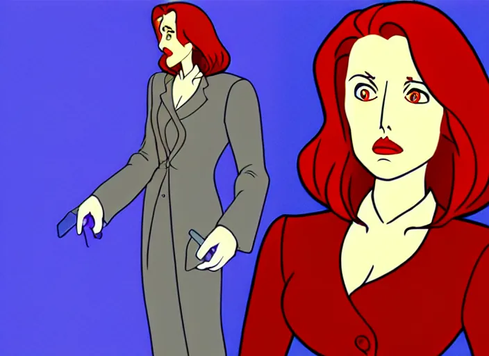 Prompt: dana scully on netflix castlevania, animation cel, anime, sharp detail, animation cel, thin linework, in the style of don bluth, bruce timm, stephen silver, studio trigger