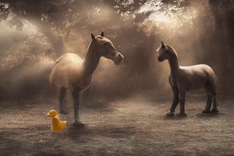 Prompt: a tiny horse standing next to an extremely large duck, the duck is bigger than the horse, evening light, cinematic photography, digital painting, volumetric light, concept art, trending on artstation, digital Art, fantasy art