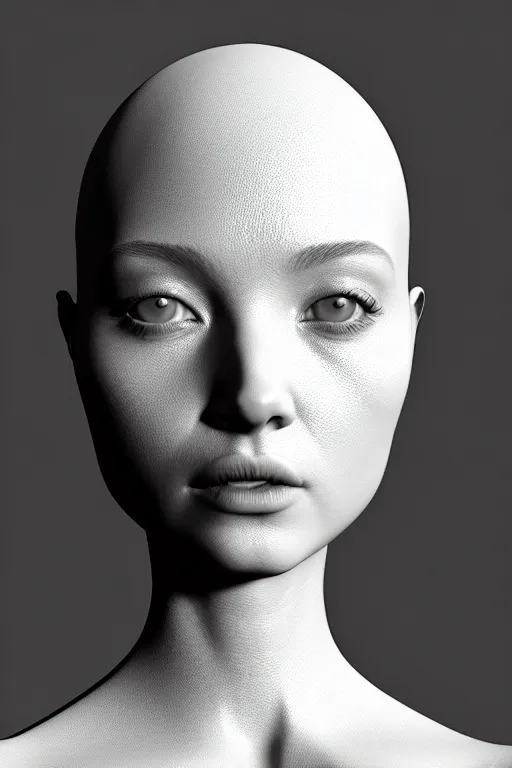 Prompt: monochrome 3 d model, beautiful young female volumetric light, alexander mcqueen, rim light, octane render, 8 k