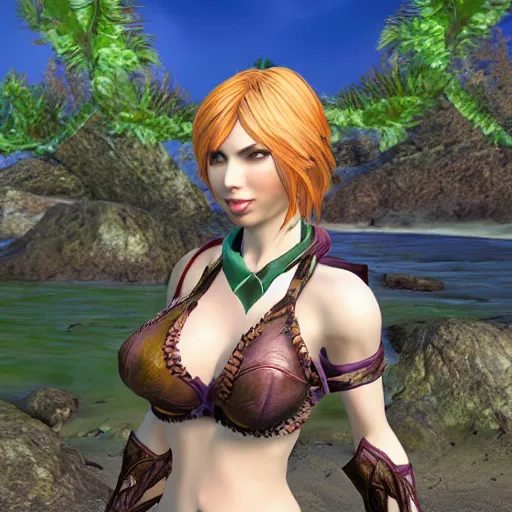 Image similar to ivy from soulcalibur at the beach, 4k, high detail, high-resolution photograph, professional photography, ultra-detail