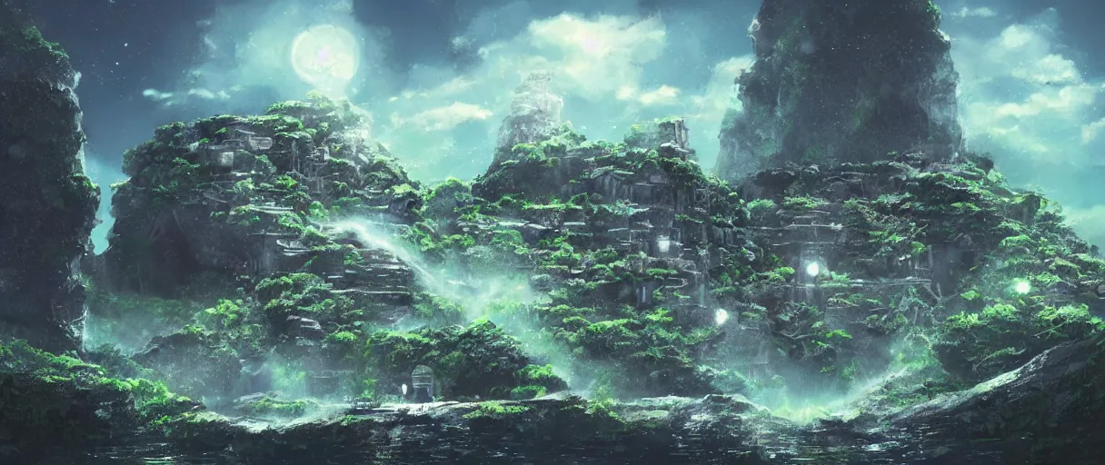 Prompt: a small crumbling island in space with waterfalls, studio ghibli, digital art, detailed, depth of field