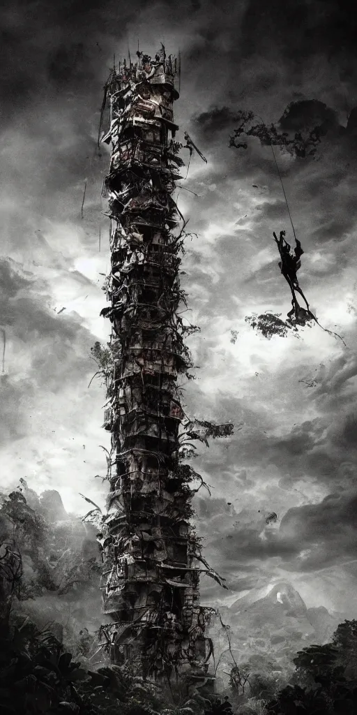 Prompt: editorial photo of tower in the jungle full of climbing people, armored warriors and Amazon climbs and fight, epic,three point perspective, vintage, blood, slight inspiration of Boris vallejo and apocalypto, war photography