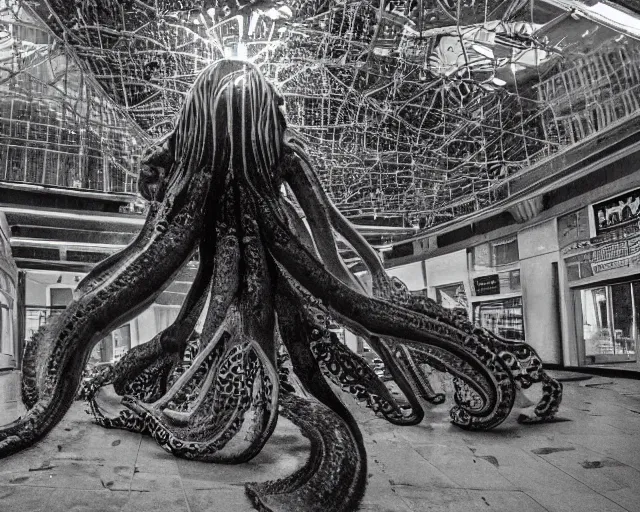 Image similar to camera footage of a extremely aggressive Giant mutated Octopus with glowing white eyes in an abandoned shopping mall, Psychic Mind flayer, Terrifying, Silhouette :7 , high exposure, dark, monochrome, camera, grainy, CCTV, security camera footage, timestamp, zoomed in, Feral, fish-eye lens, Fast, Radiation Mutated, Nightmare Fuel, Wolf, Evil, Bite, Motion Blur, horrifying, lunging at camera :4 bloody dead body, blood on floors, windows and walls :5