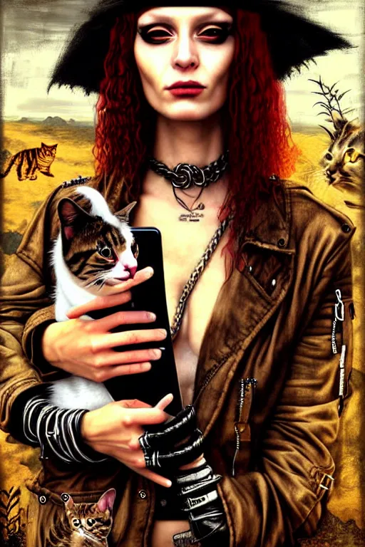 Image similar to punk rock girls making selfie and smoking with cats in jungle , mad max jacket, post apocalyptic, renaissance, highly detailed, digital painting, oil painting by Leonardo Da Vinci, hyper realistic style, fantasy by Olga Fedorova