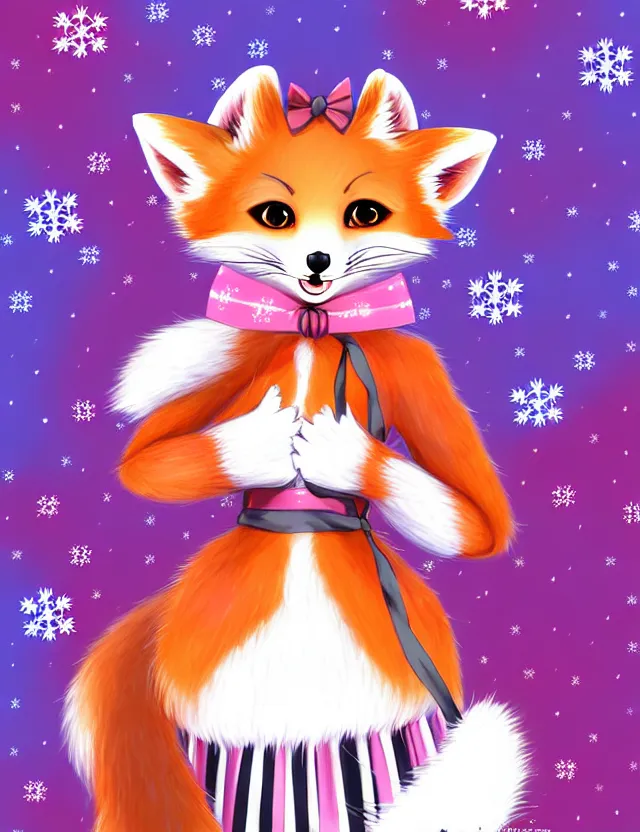 Prompt: a cute anthropomorphic calico fox girl anthro wearing vibrant ribbons and a fluffy coat and striped skirt, winter park background, very anime!!! kawaii!! furry!! intricate details, aesthetically complementary colors, scenic background, art by rising artists with a radically new style. trending on artstation, top rated on pixiv and furaffinity