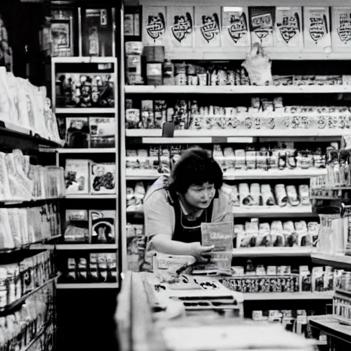 Image similar to a middle - aged woman working as a cashier at a dingy convenience store, award - winning photography, 1 9 9 0