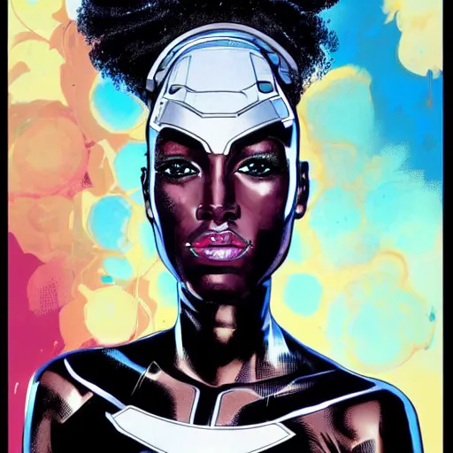 Image similar to portrait of a black female android, by MARVEL comics and Sandra Chevrier