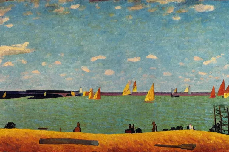 Image similar to A sprawling landscape painting of the Chesapeake bay in the fall, bathed in golden light, peaceful, sailboats, birds in the distance, golden ratio, fauvisme, art du XIXe siècle, oil on canvas by André Derain, Albert Marquet, Auguste Herbin, Louis Valtat, Musée d'Orsay catalogue