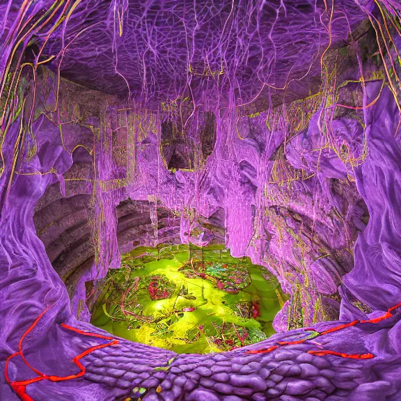 Image similar to detailed shot of inside a cavernous living stomach of a giant goddess, the walls purple and pulsing, lots of acid pooling up on the floor, digesting and dissolving a city that sat in the acid, food pov, micro pov, vore, digital art, furry art, high quality, 8k 3D realistic, macro art, micro art, Furaffinity, Deviantart, Eka's Portal, G6