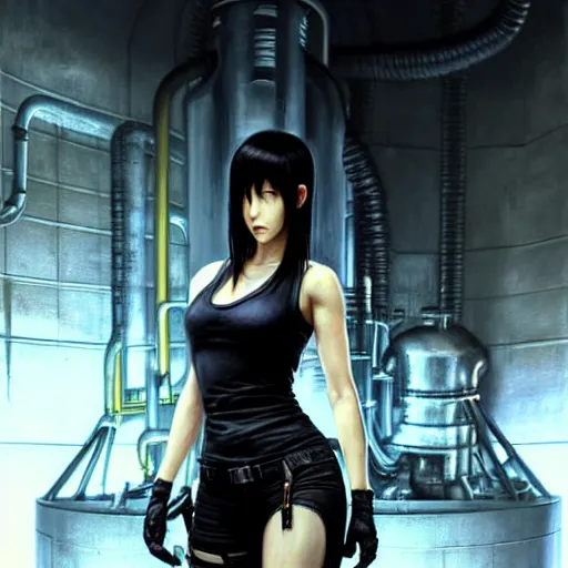 Prompt: Portrait of Tifa Lockhart by Greg Rutkowski. She is hiding from a Shinra robot in the Reactor Core by Mark Arian. It is dark and stark and industrial by H.R. Giger. soft render, octane, highly detailed painting by Moebius. artstation Blank Canvas Scene by Tetsuya Nomura.