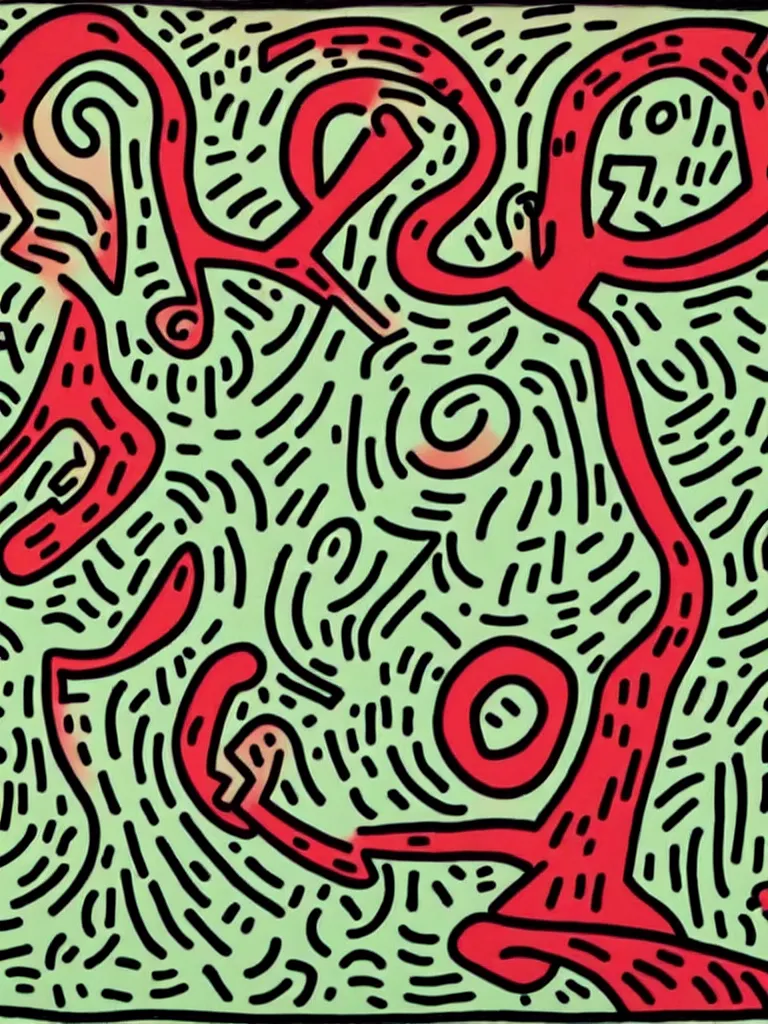 Image similar to keith haring art of acorn that turns into a tree in the shape of a treble clef, a big rip down the middle, splashes of color, inspirational and powerful