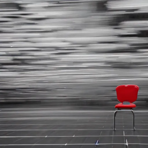 Image similar to by barbara kruger motion blur stormy. a mixed mediart of a metal chair with a seatbelt attached to it. the chair is placed in the center of a room & the seatbelt is used to strap a person into the chair. the person is then unable to move & at the mercy of the chair.