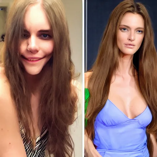 Prompt: before and after picture of a beautiful supermodel with long hair and the same supermodel with short hair