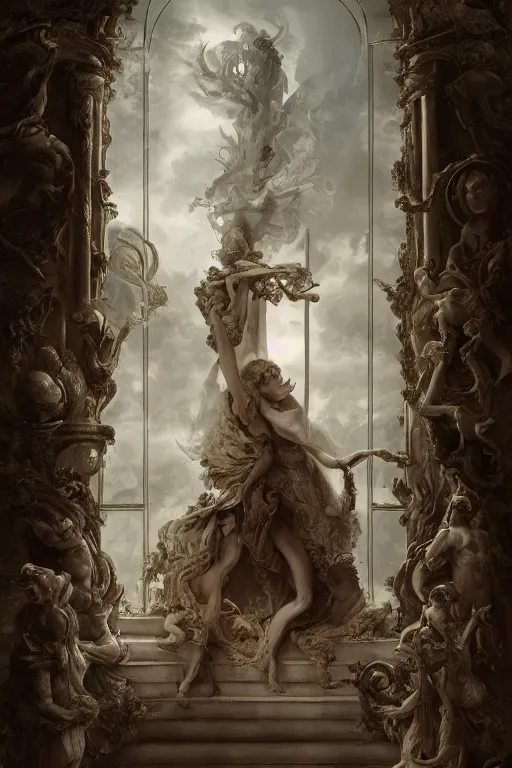 Prompt: the dweller at the threshold, dramatic, elaborate emotive Baroque and Rococo styles to emphasize beauty as a transcendental, 8k image, ultra-realistic, the style of WLOP