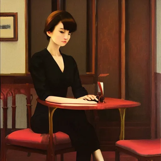 Image similar to oil painting by ilya kuvshinov,, baugh casey, rhads, coby whitmore, of a youthful japanese beauty, long hair, sitting on antique chair leaning against a desk, victorian room