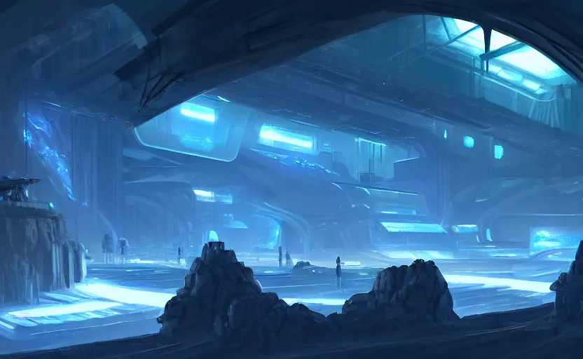 Image similar to futuristic factory in a dark cave, blue crystals, halo, star craft, concept art, mate painting, artstation