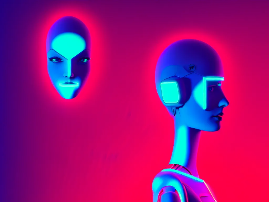 Image similar to beautiful tall female robot printed with red and black 3 d geometrical neon facing a doorway opening with neon pink geometric fractal light + a portal to a vaporwave world, flowering pineapples, transcendent, clean linework, dramatic, finely detailed, 4 k, trending on artstation, photorealistic, volumetric lighting, octane render