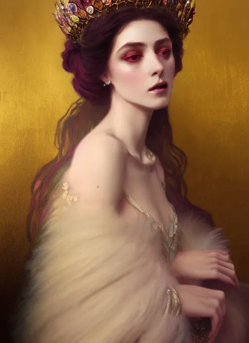 Image similar to ombre velvet gown, feathers, lovely queen, portrait, long hair, small crown, dozens of pearl necklaces, feral languid woman, by greg rutkowski, anato finnstark, alphonse mucha, global illumination, radiant light