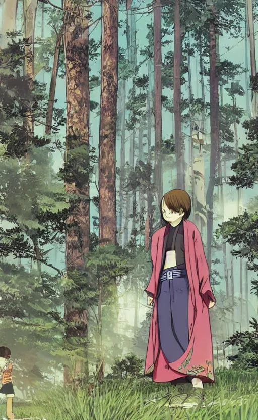 Prompt: gta5, by studio ghibli, eiichiro oda style, girl next to a japanese crane bird in japanese pines, trading card front, kimono, realistic anatomy, concept art, sun in the background