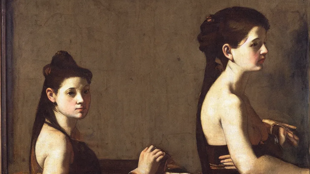 Prompt: A decent young gril next to wall portrait by Artemisia Gentileschi.