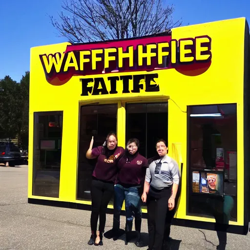 Image similar to wafflehouse employee's standing below wafflehouse sign