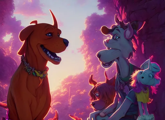 Prompt: highly detailed portrait of scooby doo and shaggy, in no game no life, stephen bliss, 8 k, unreal engine, fantasy art by greg rutkowski, loish, rhads, ferdinand knab, makoto shinkai and lois van baarle, ilya kuvshinov, rossdraws, tom bagshaw, global illumination, radiant light, detailed and intricate environment