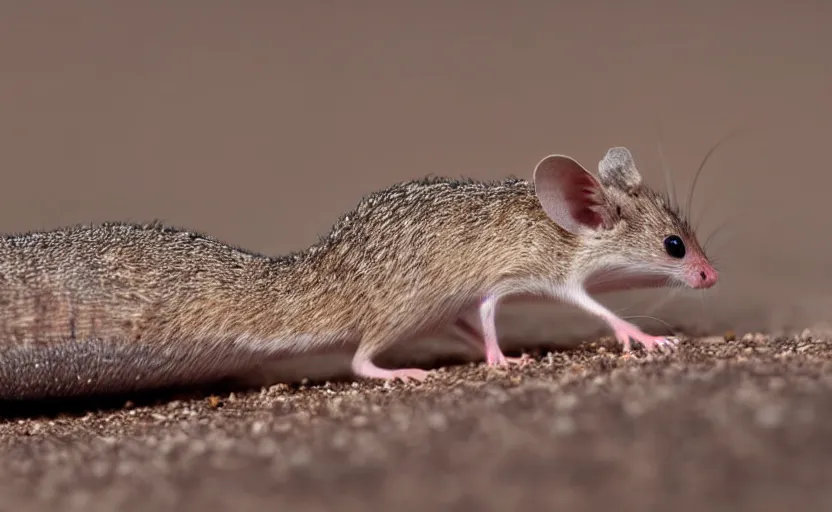 Prompt: close up a tiny sentient desert mouse steering a giant sandworm, macro focus,