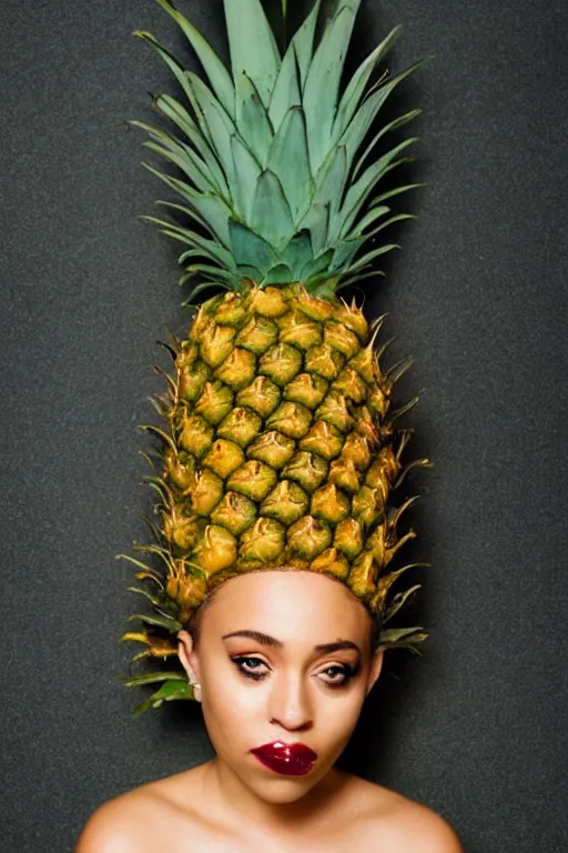 Image similar to doja cat as a pineapple, human face in the shape of a pineapple, professional food photography