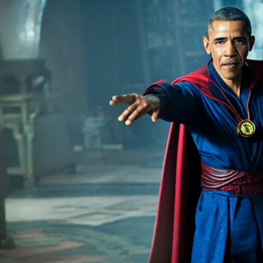 Image similar to Obama as Dr. Strange. Movie still frame. 4K UHD.