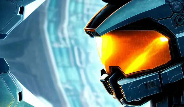 Image similar to cyberpunk halo helmet on space looking up, close shot, reflection, epic, dramatic, cinematic, award winning, ultra detailed, realistic, 8k,