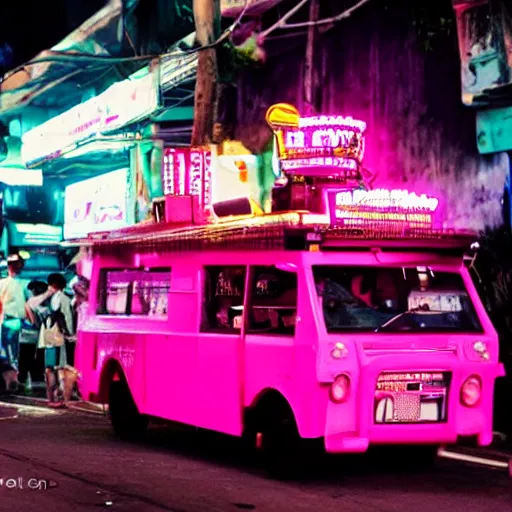 Image similar to a pink cyberpunk philippine jeepney at a neon lit busy road