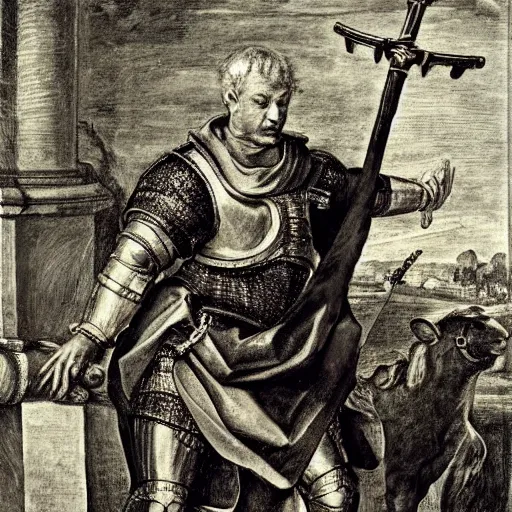 Image similar to donald trump, wearing knight ’ s armor, holding a spectacular broadsword, by annibale carracci, two arms, two legs