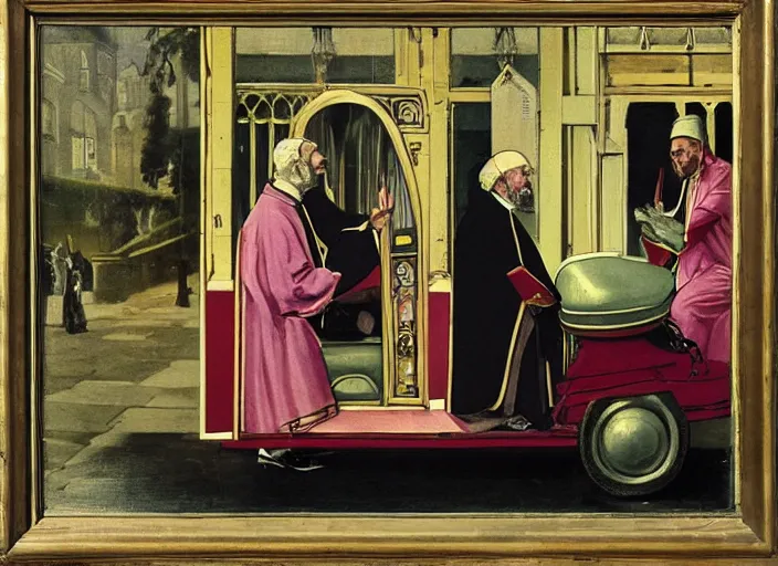 Image similar to A bishop getting out of a Suzuki Alto, victorian era painting