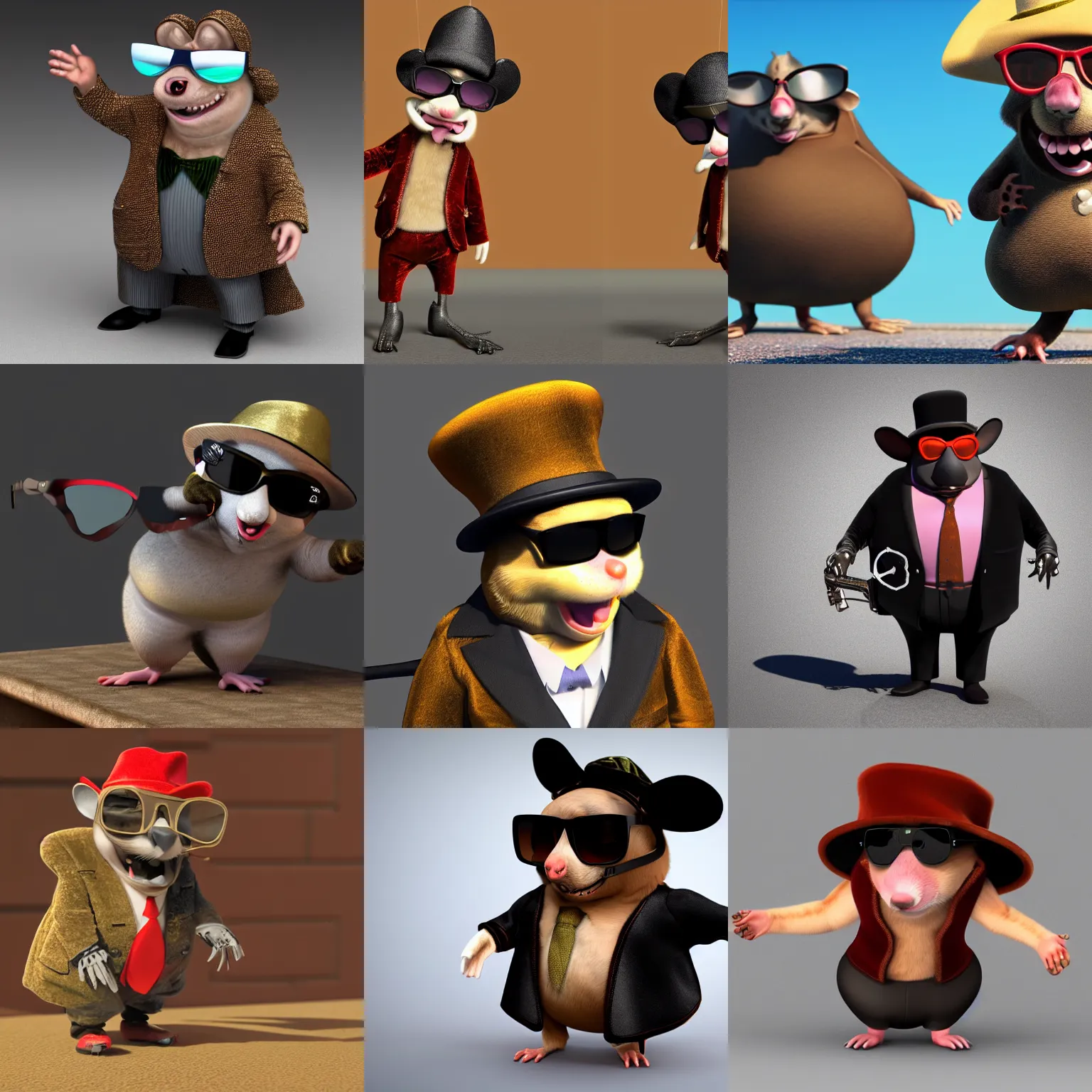 Prompt: anthropomorphic gangster rat on a catwalk wearing a velvet fur coat, wearing sunglasses and a hat, slightly chubby, detailed, 3d render, 4k, pixar