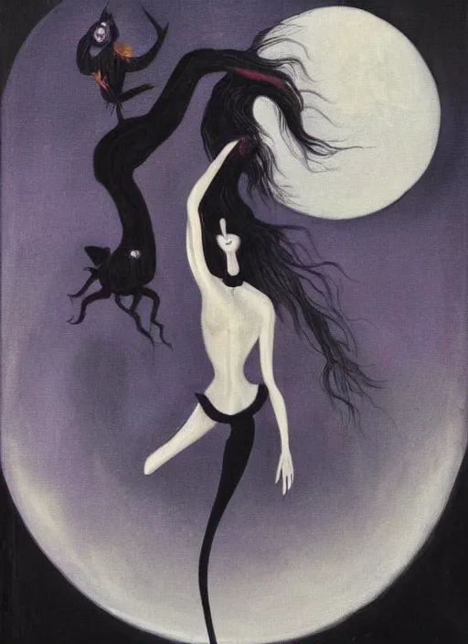 Image similar to surrealism, abstract, a dark witch in front of the full big moon, painting by abercrombie, gertrude