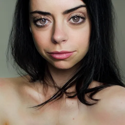 Prompt: a girl with long black hair and a side part, her face is a mix between aubrey plaza, krysten ritter, lucy hale, christina ricci and sarah hyland