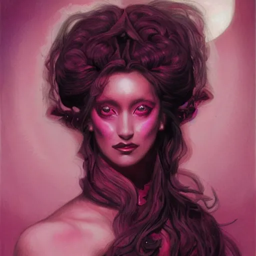 Image similar to portrait of princess of the dreamlands and moon beast, beautiful! coherent! by brom, deep colors, red maroon purple pink black, strong lines, rule of thirds, head centered