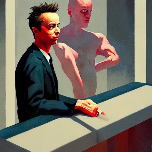 Image similar to Fight club portrait, very coherent, painted by Edward Hopper, Wayne Barlowe, painted by James Gilleard, airbrush, art by JamesJean