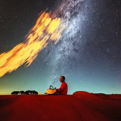 Image similar to man sitting at uluru, medicine drum, night sky, small fire, cosmic sky