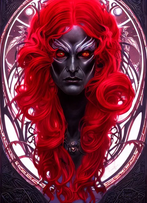 Image similar to the god hades, red hair, glowing eyes, volumetric lights, black and red scheme, art nouveau botanicals, gothic, intricate, highly detailed, digital painting, artstation, concept art, smooth, sharp focus, symmetric face, illustration, steampunk, art by artgerm and greg rutkowski and alphonse mucha