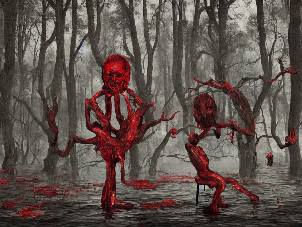 Image similar to a portrait of a man with five heads, twelve arms, sitting on chair made of human limbs, the chair is floating in a lake of blood, around the lake are melting trees, the man's limbs are merging with the trees, digital art, hyperrealistic nightmare scene, supernatural, highly detailed, creepy, terrifying