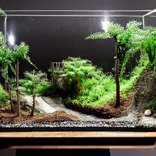 Prompt: a large terrarium with a diorama of a nuclear power industrial site inside on top of a minimalist table, lit from the side