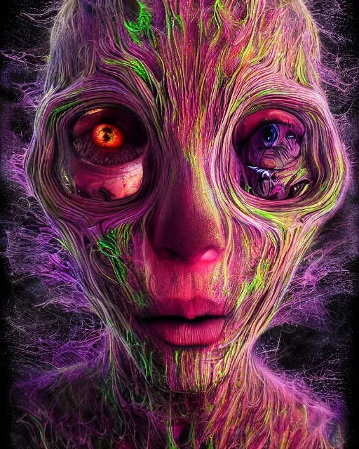 Image similar to realistic portrait of a creature experiment gone wrong, psychedelic, dark art, facing camera, photo realistic, detailed, 1 4 5 0, delicate, hyper realism, ultra realistic, 8 k