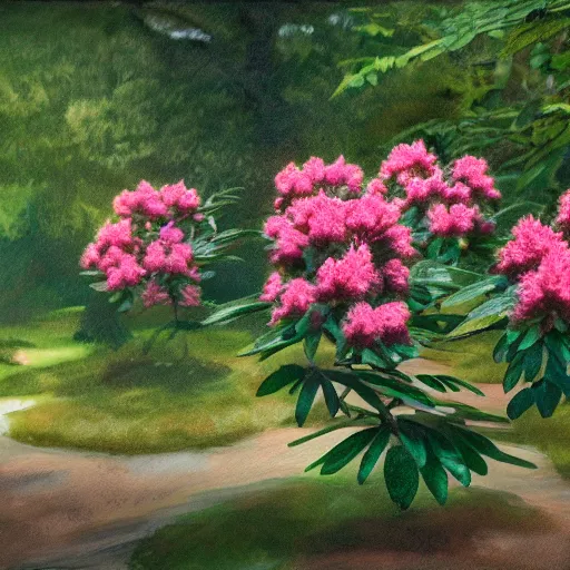 Image similar to rhododendron flowers in the english garden, photorealistic, 5 0 mm, evening light, artstation