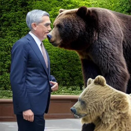 Image similar to Jerome Powell talking to a bear