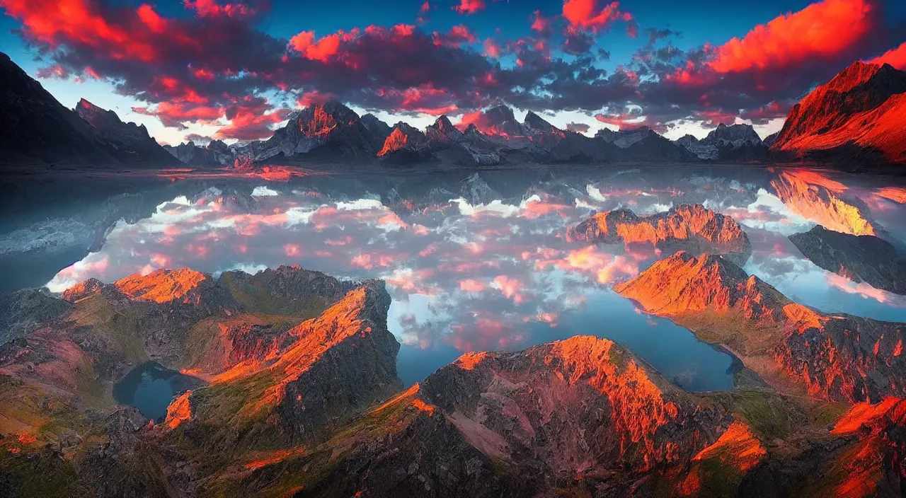 Prompt: amazing landscape photo of mountains with lake in sunset by marc adamus, beautiful dramatic lighting