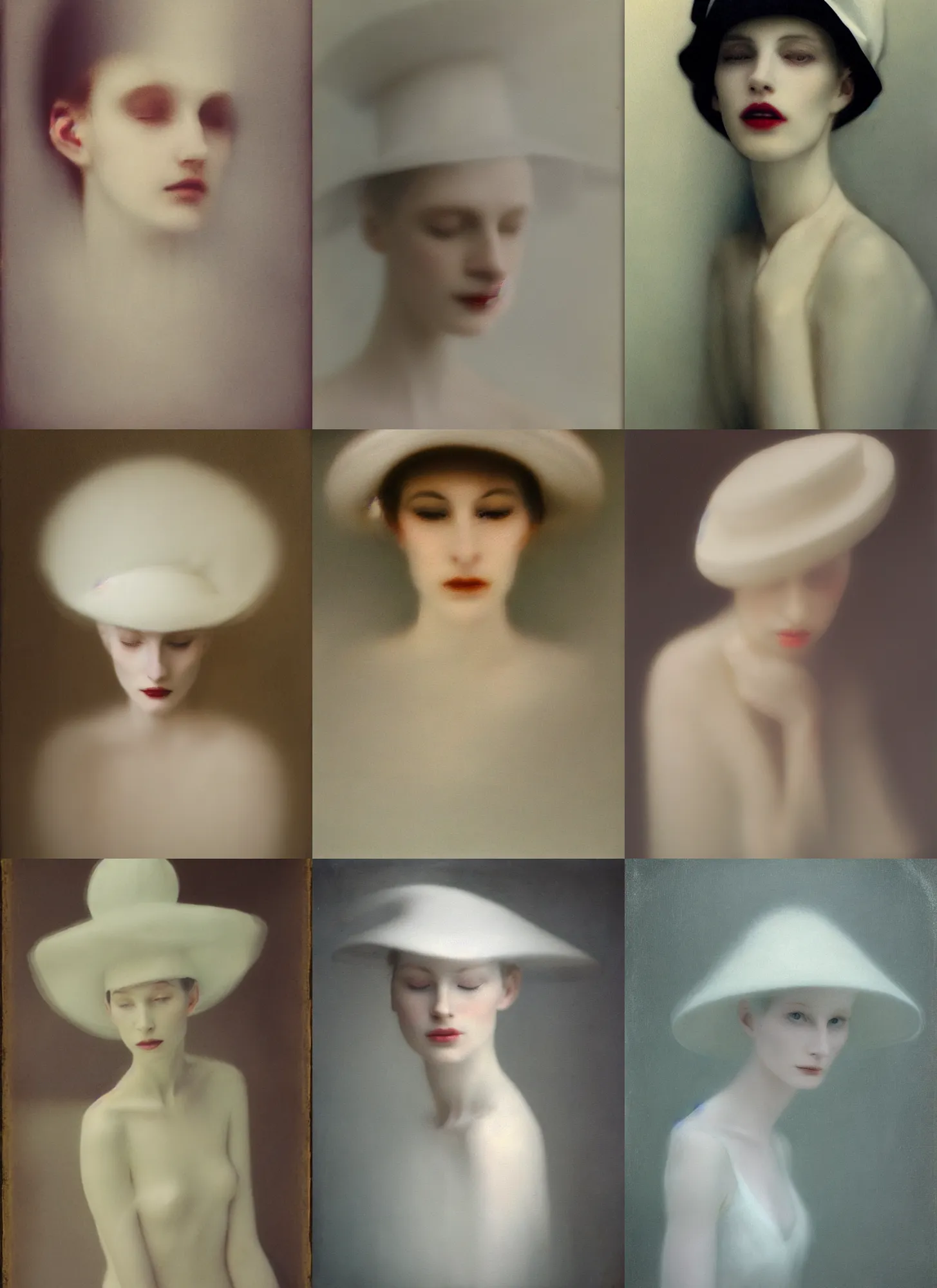 Image similar to out of focus photorealistic portrait of a beautiful pale young woman by sarah moon, very blurry, translucent white skin, closed eyes, foggy, closeup, with a weird hat